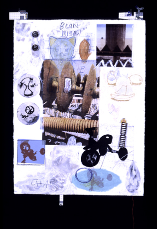silkscreen, etching, lithography, oil painting legos, thread, mixed-media collage