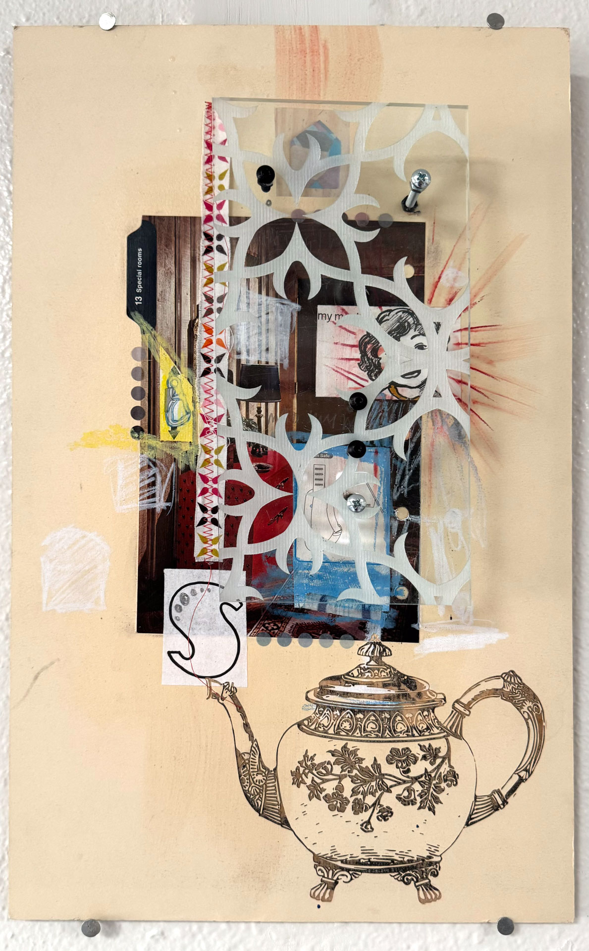 mixed-media work on wood, paper with engraved acrylic, hardware