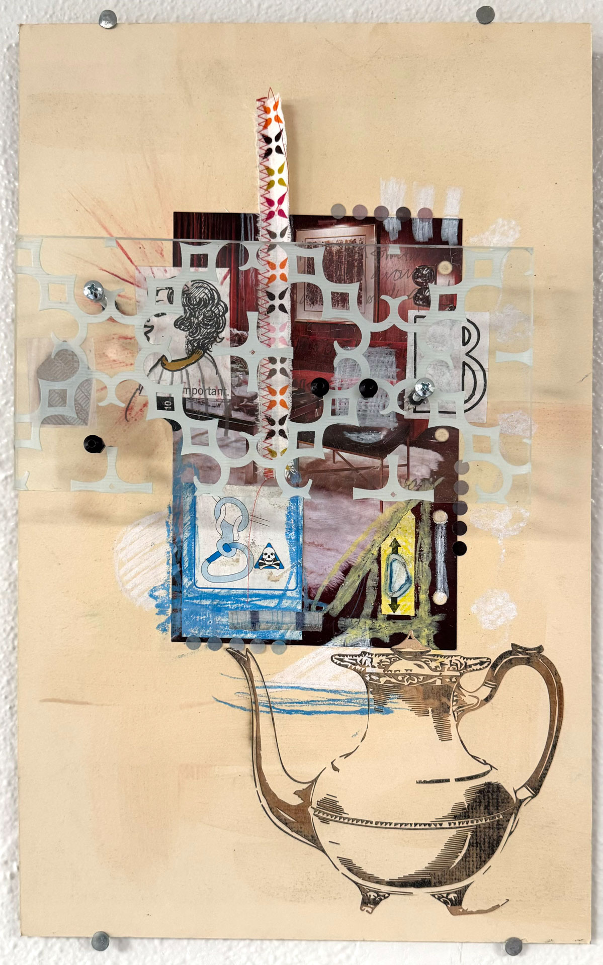 mixed-media work on wood, paper with engraved acrylic, hardware