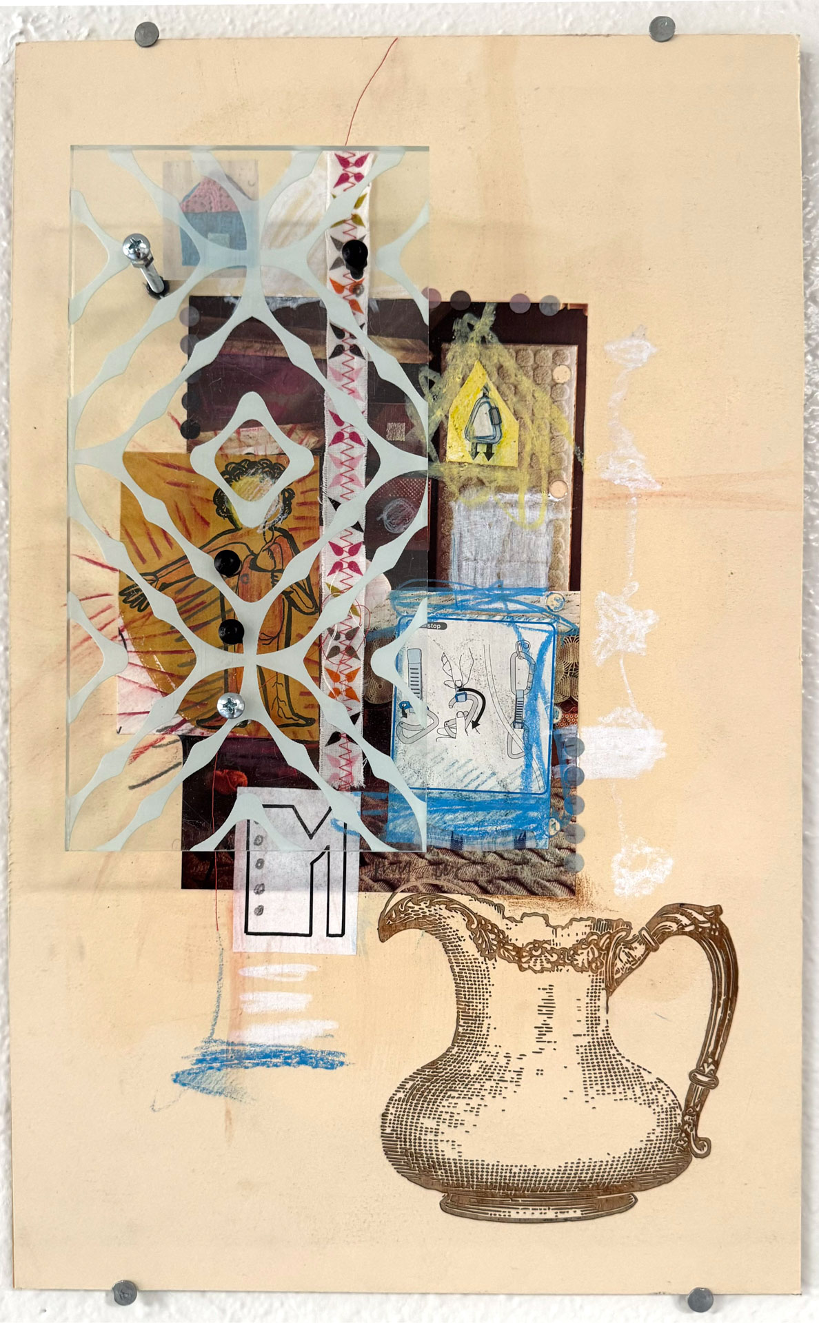mixed-media work on wood, paper with engraved acrylic, hardware