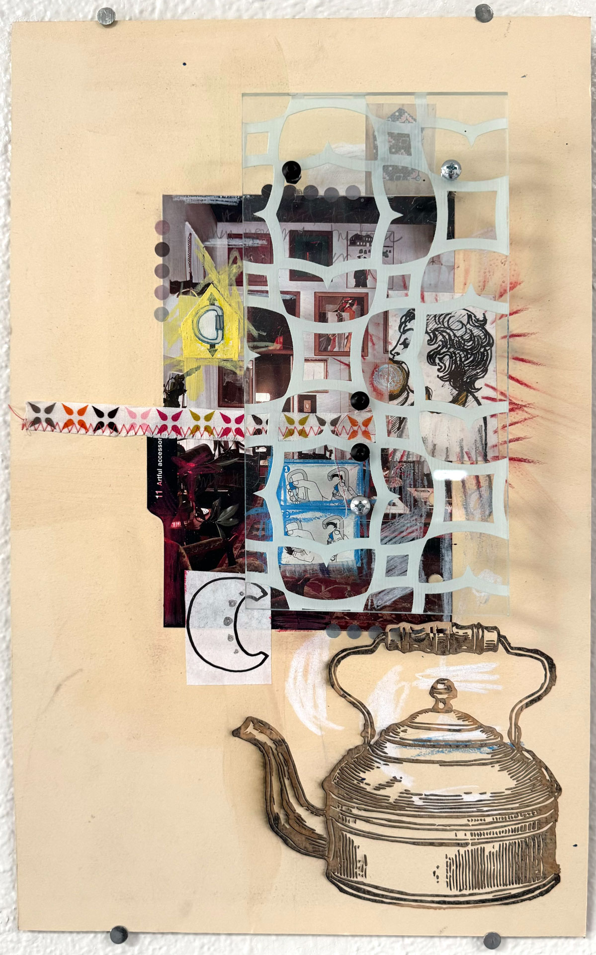 mixed-media work on wood, paper with engraved acrylic, hardware