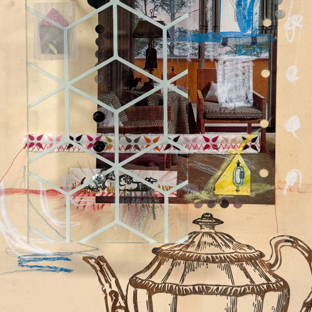 mixed-media work on wood, paper with engraved acrylic, hardware