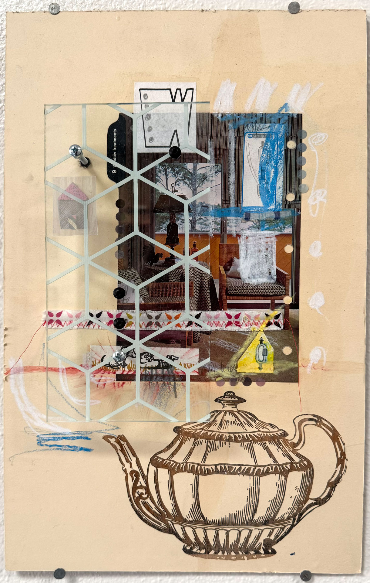 mixed-media work on wood, paper with engraved acrylic, hardware