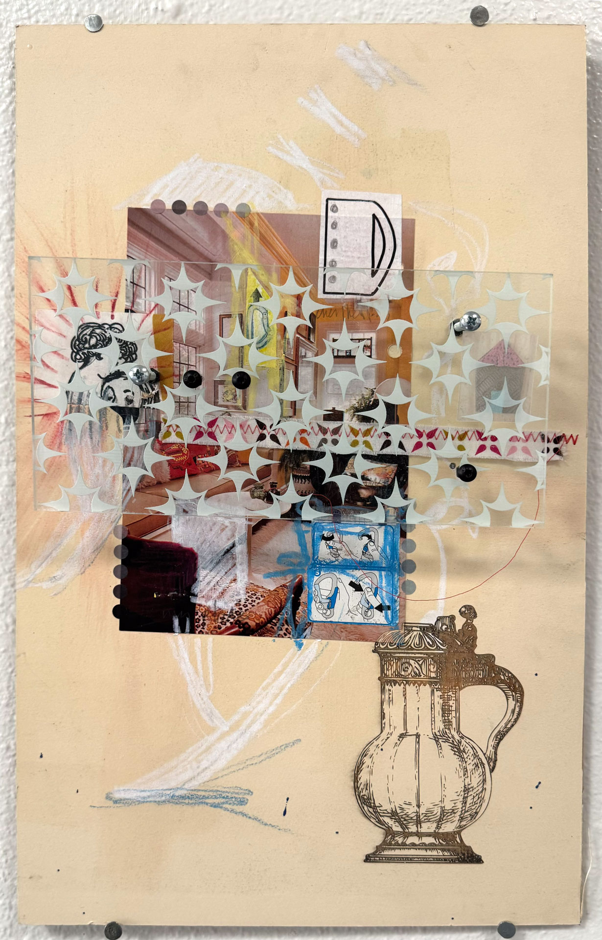 mixed-media work on wood, paper with engraved acrylic, hardware