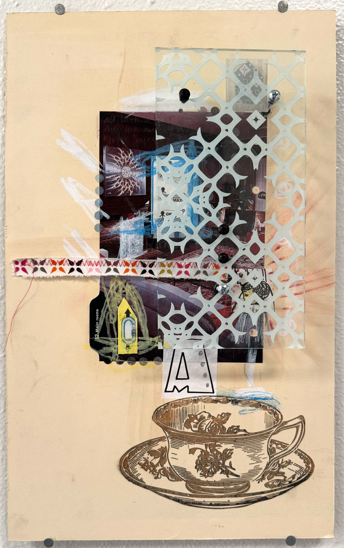 mixed-media work on wood, paper with engraved acrylic, hardware