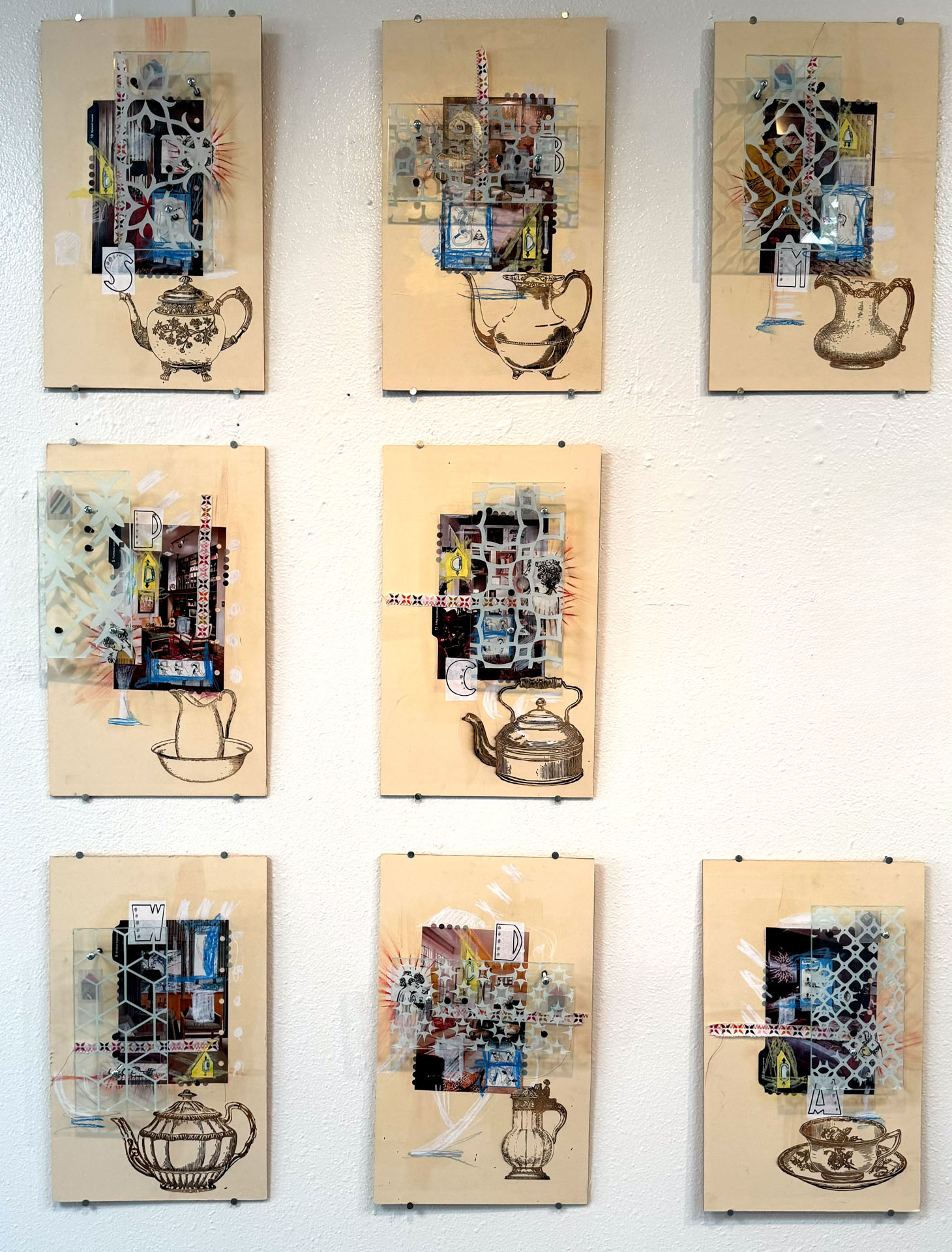 mixed-media work on wood, paper with engraved acrylic, hardware