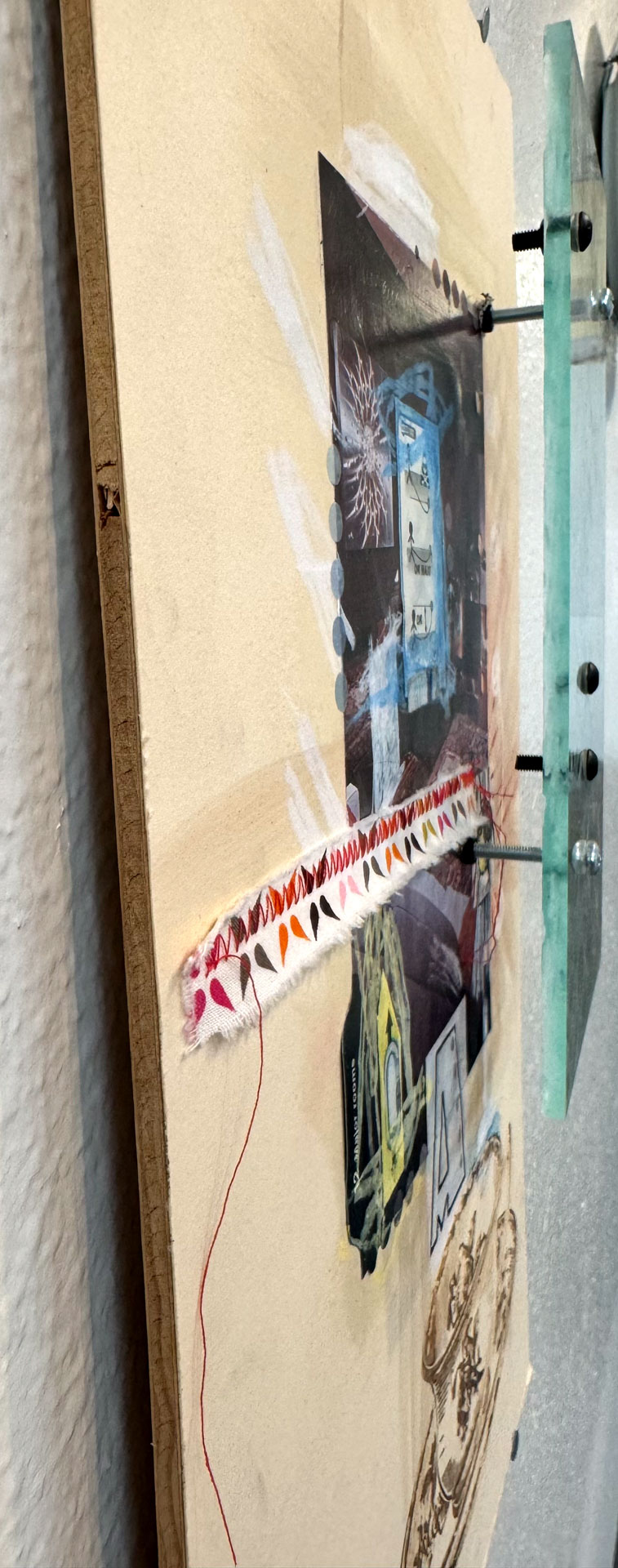 mixed-media work on wood, paper with engraved acrylic, hardware