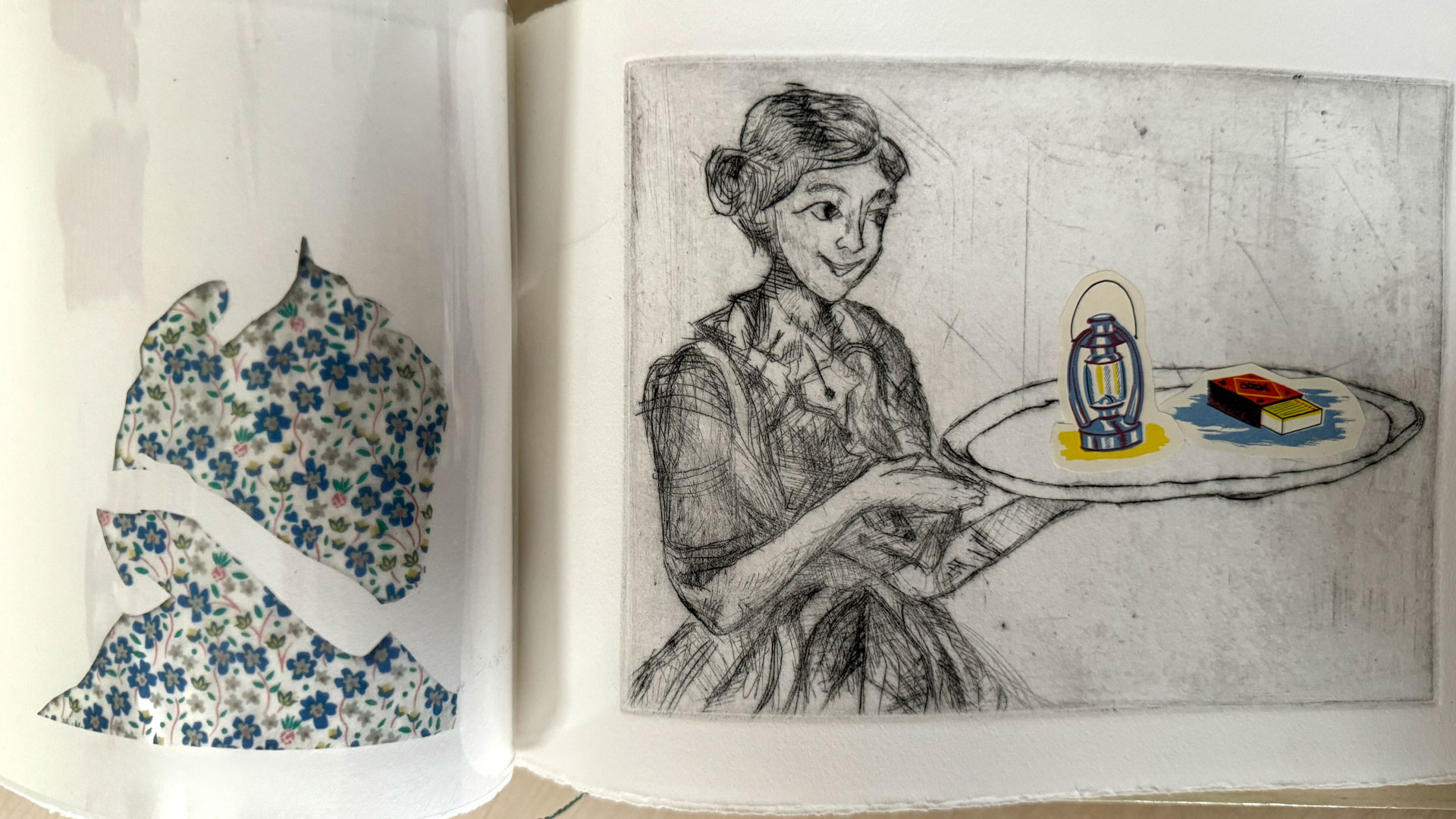 book with hardware binding, copperplate etching, mixed-media collage