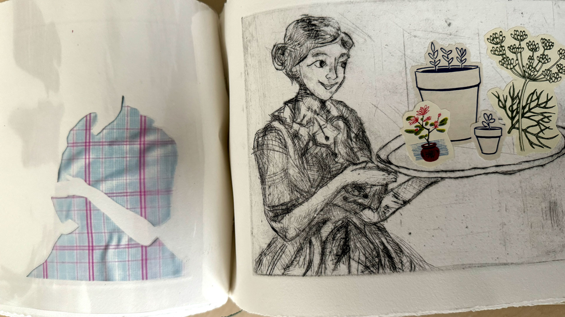 book with hardware binding, copperplate etching, mixed-media collage