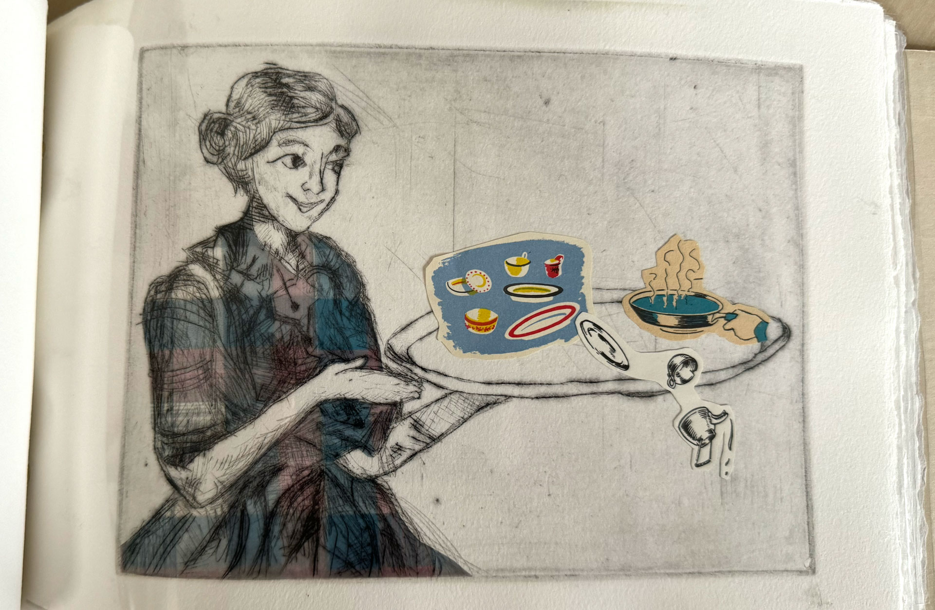 book with hardware binding, copperplate etching, mixed-media collage