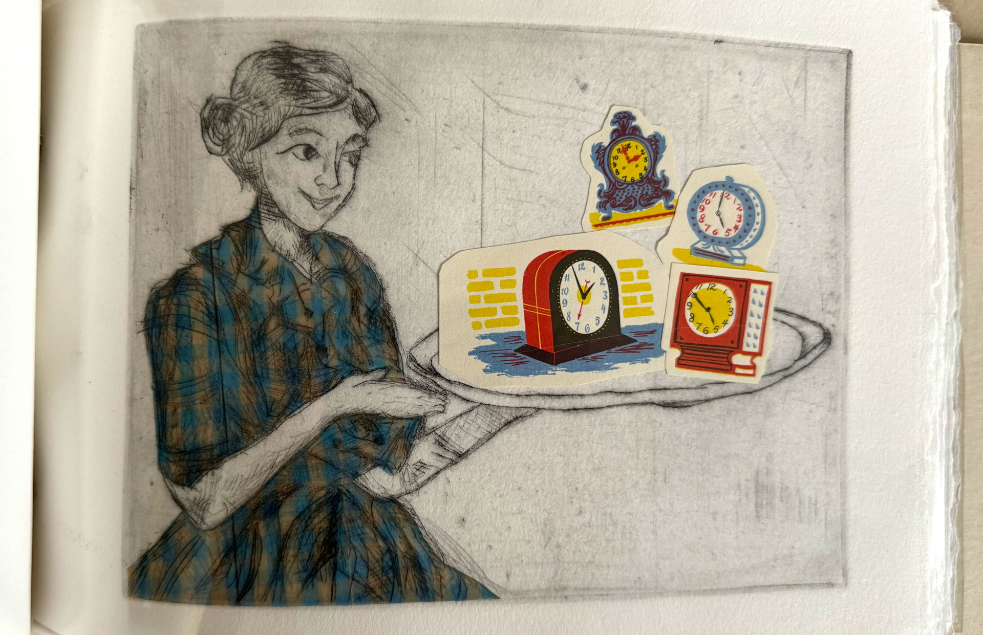 book with hardware binding, copperplate etching, mixed-media collage