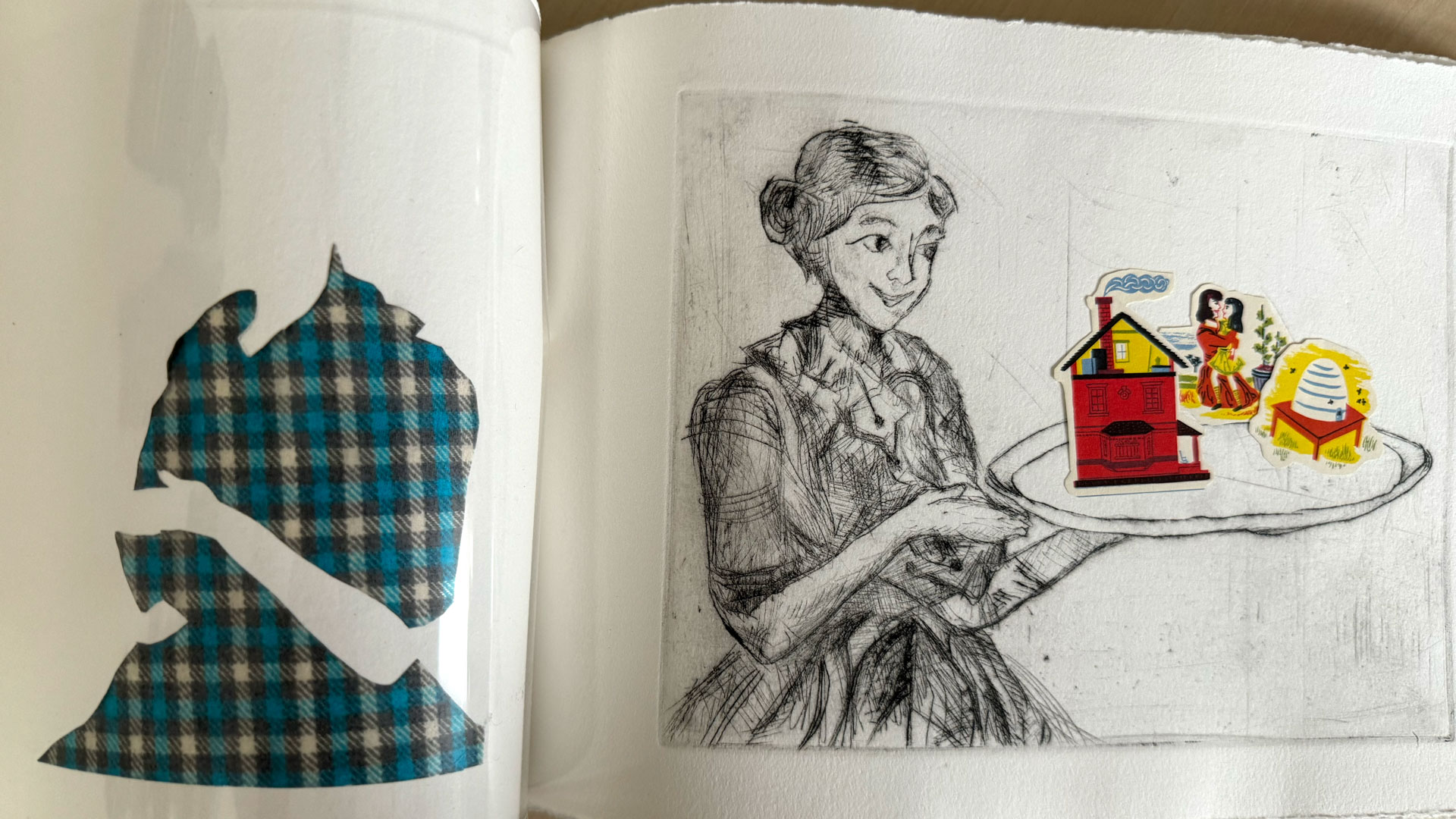 book with hardware binding, copperplate etching, mixed-media collage