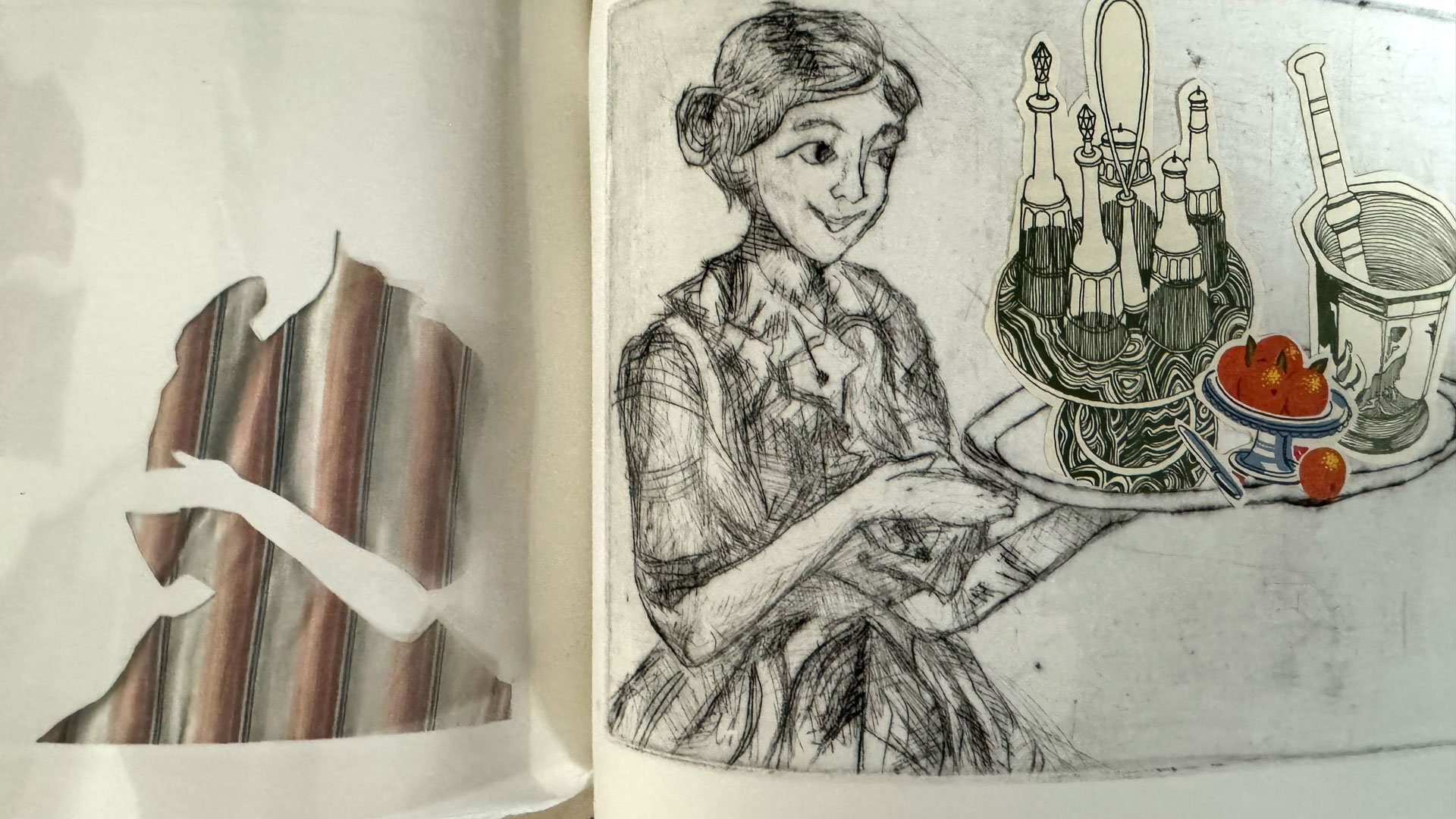 book with hardware binding, copperplate etching, mixed-media collage