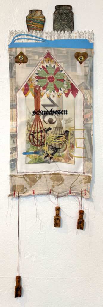 textile with monoprint, sewing, embroidery, fabric collage - hanging from wooden jars 
