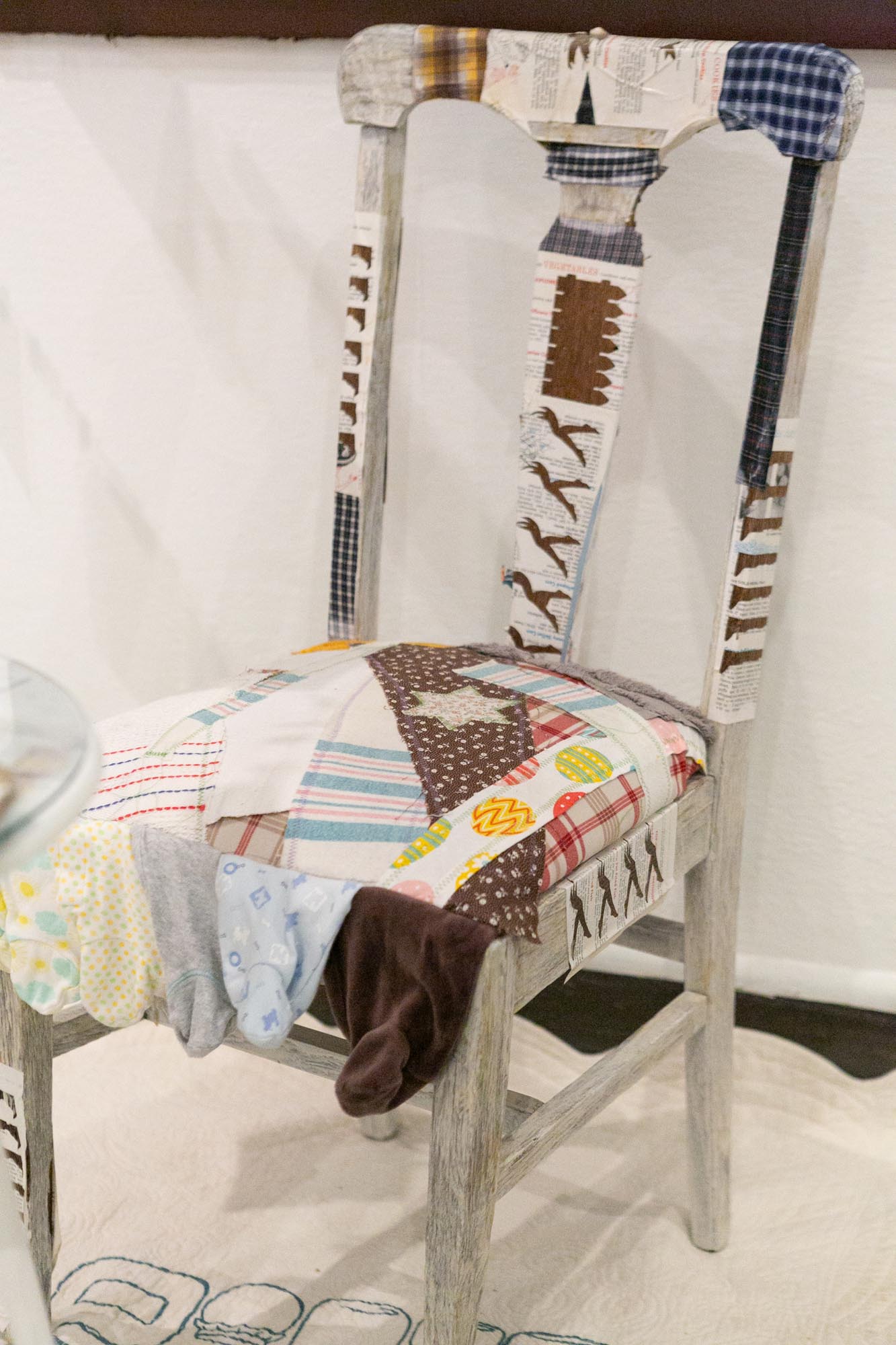 mixed-media installation - collage, monoprint, sewing with lamp, two chairs, two tables, audience participation archive