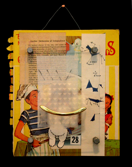 drawing, painting, collage, screws, nuts, door/drawer pulls, plexiglass