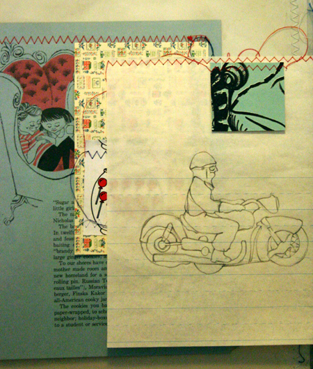 drawing, mother hands - lithography, sewing, collage, job sleeve, gloves filled with sand