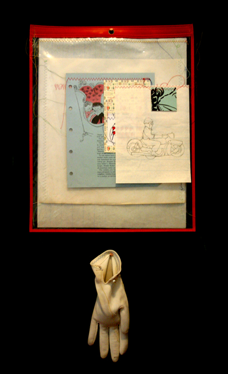 drawing, mother hands - lithography, sewing, collage, job sleeve, gloves filled with sand