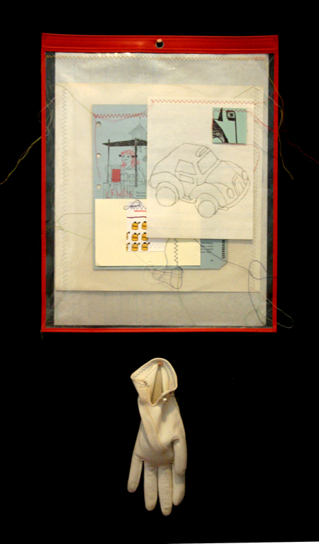 drawing, mother hands - lithography, sewing, collage, job sleeve, gloves filled with sand
