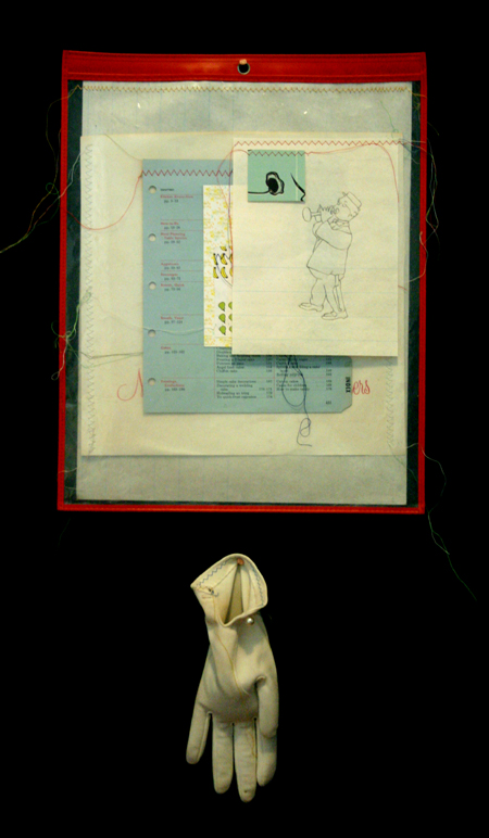drawing, mother hands - lithography, sewing, collage, job sleeve, gloves filled with sand