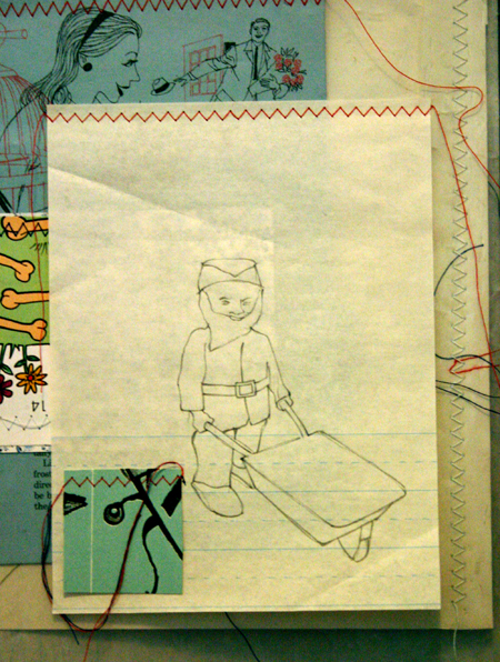 drawing, mother hands - lithography, sewing, collage, job sleeve, gloves filled with sand