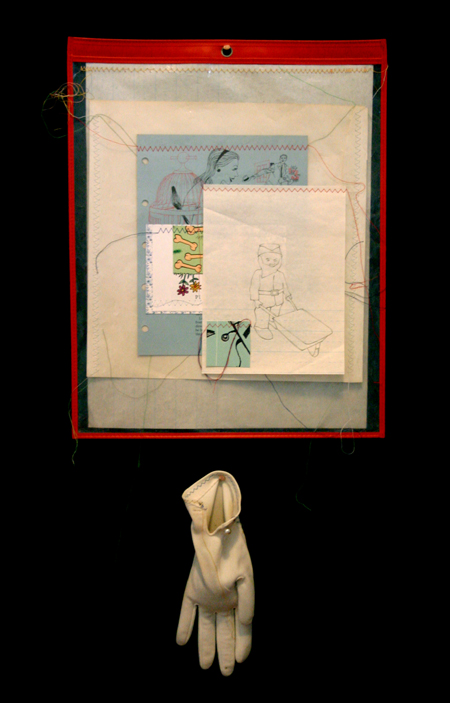drawing, mother hands - lithography, sewing, collage, job sleeve, gloves filled with sand