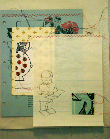 drawing, mother hands - lithography, sewing, collage, job sleeve, gloves filled with sand