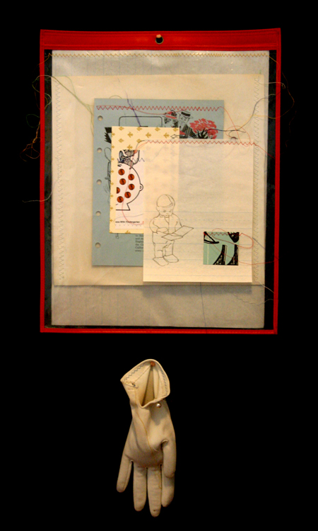 drawing, mother hands - lithography, sewing, collage, job sleeve, gloves filled with sand