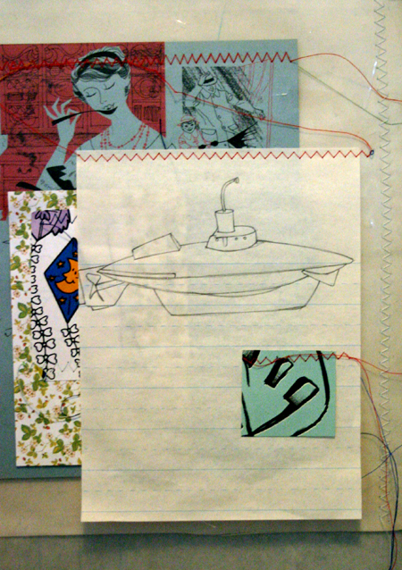 drawing, mother hands - lithography, sewing, collage, job sleeve, gloves filled with sand
