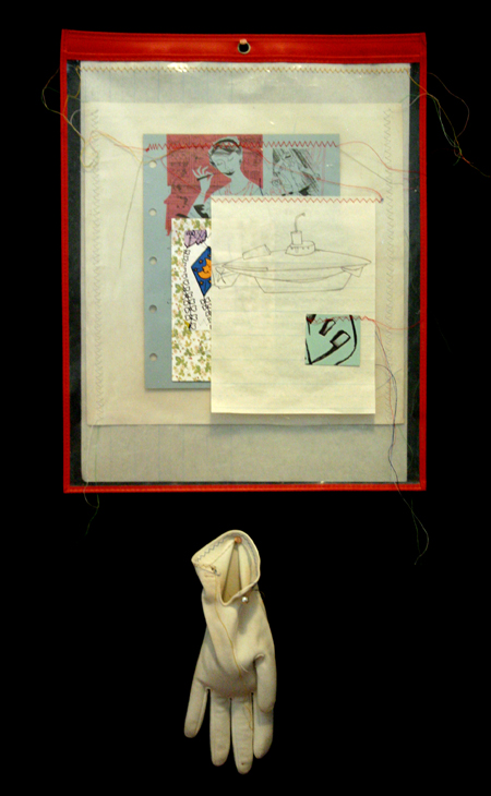 drawing, mother hands - lithography, sewing, collage, job sleeve, gloves filled with sand