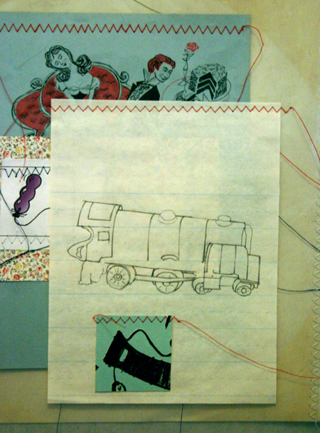 drawing, mother hands - lithography, sewing, collage, job sleeve, gloves filled with sand