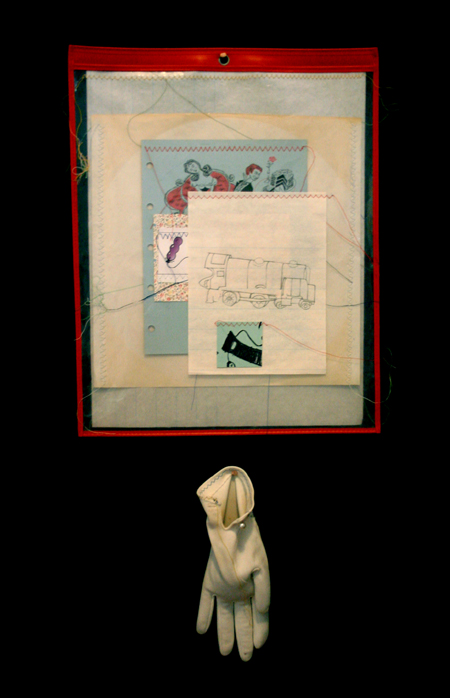 drawing, mother hands - lithography, sewing, collage, job sleeve, gloves filled with sand