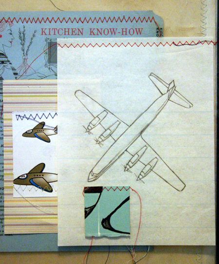 drawing, mother hands - lithography, sewing, collage, job sleeve, gloves filled with sand
