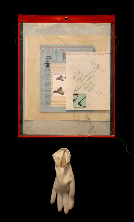 drawing, mother hands - lithography, sewing, collage, job sleeve, gloves filled with sand