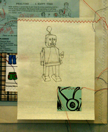 drawing, mother hands - lithography, sewing, collage, job sleeve, gloves filled with sand