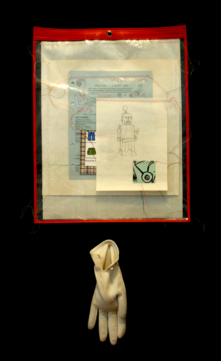 drawing, mother hands - lithography, sewing, collage, job sleeve, gloves filled with sand