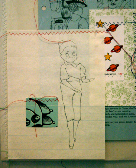 drawing, mother hands - lithography, sewing, collage, job sleeve, gloves filled with sand