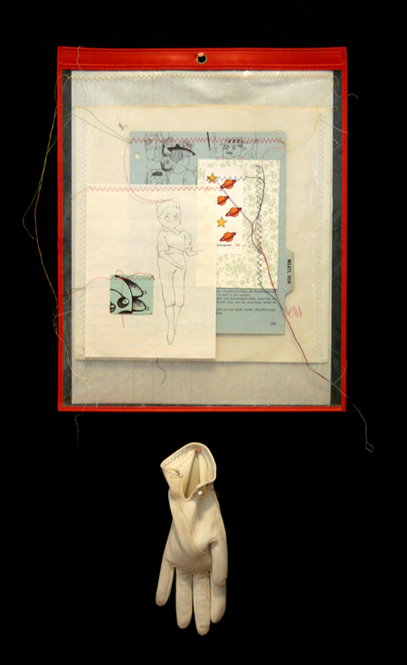 drawing, mother hands - lithography, sewing, collage, job sleeve, gloves filled with sand