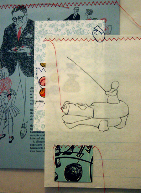 drawing, mother hands - lithography, sewing, collage, job sleeve, gloves filled with sand