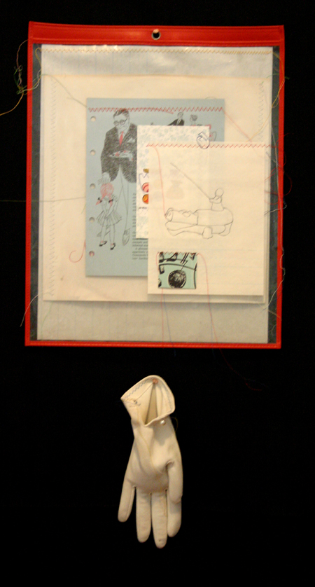 drawing, mother hands - lithography, sewing, collage, job sleeve, gloves filled with sand