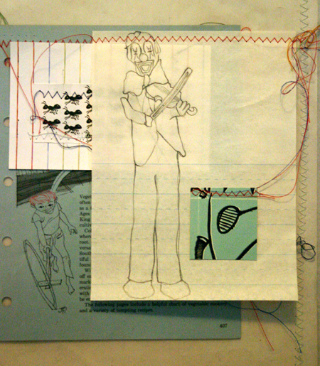 drawing, mother hands - lithography, sewing, collage, job sleeve, gloves filled with sand
