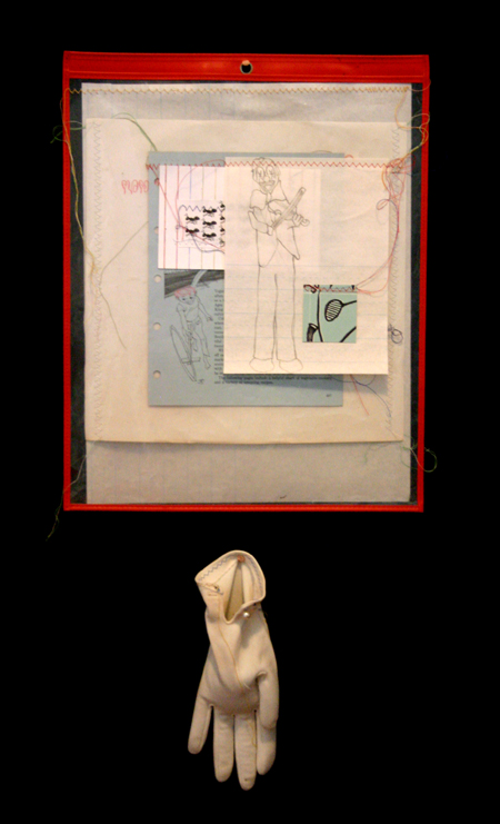 drawing, mother hands - lithography, sewing, collage, job sleeve, gloves filled with sand