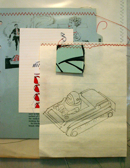 drawing, lithography, sewing, paper collé, plastic work-order sleeve, gloves filled with sand