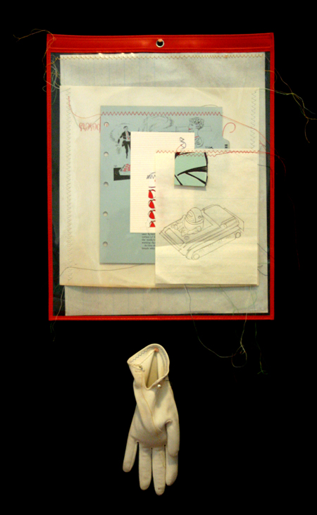 drawing, lithography, sewing, paper collé, plastic work-order sleeve, gloves filled with sand