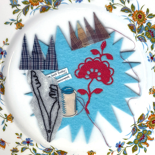 mixed-media collage on dinner plate