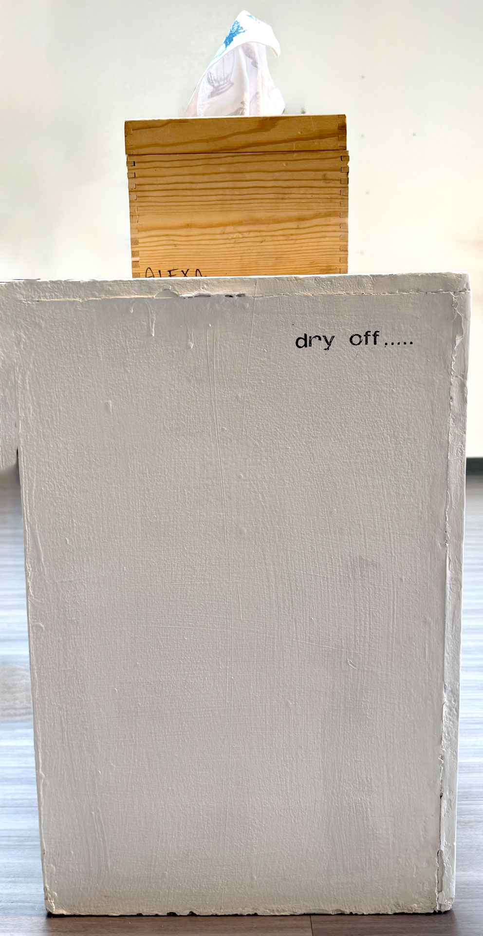 installation with silkscreen napkins attached to ceiling in an arch travelling from a box to a pitcher