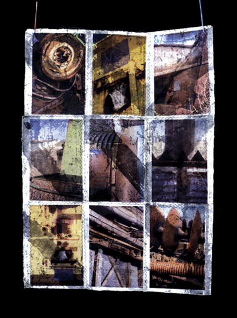 copper plate etching of close-up of staircase, color laser prints on acetate