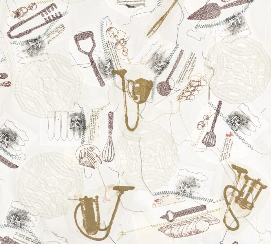 monoprint, sewing of utensils and domesticity on canvas