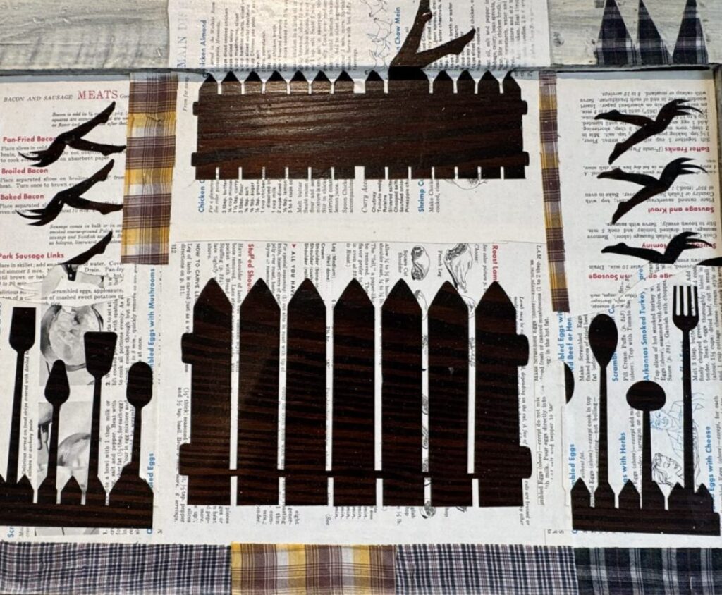 wooden podium with collage, oil paint, audience recorded audio stories