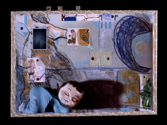 pigment ink print on archival canvas of toys/sketches, legos, wooden blocks, contact paper, grommets